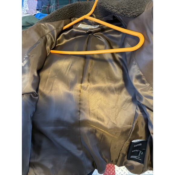 Michael Kors Brown Leather Jacket L Moto Biker Zip Faux Fur Collar Gold Accents - Picture 8 of 10